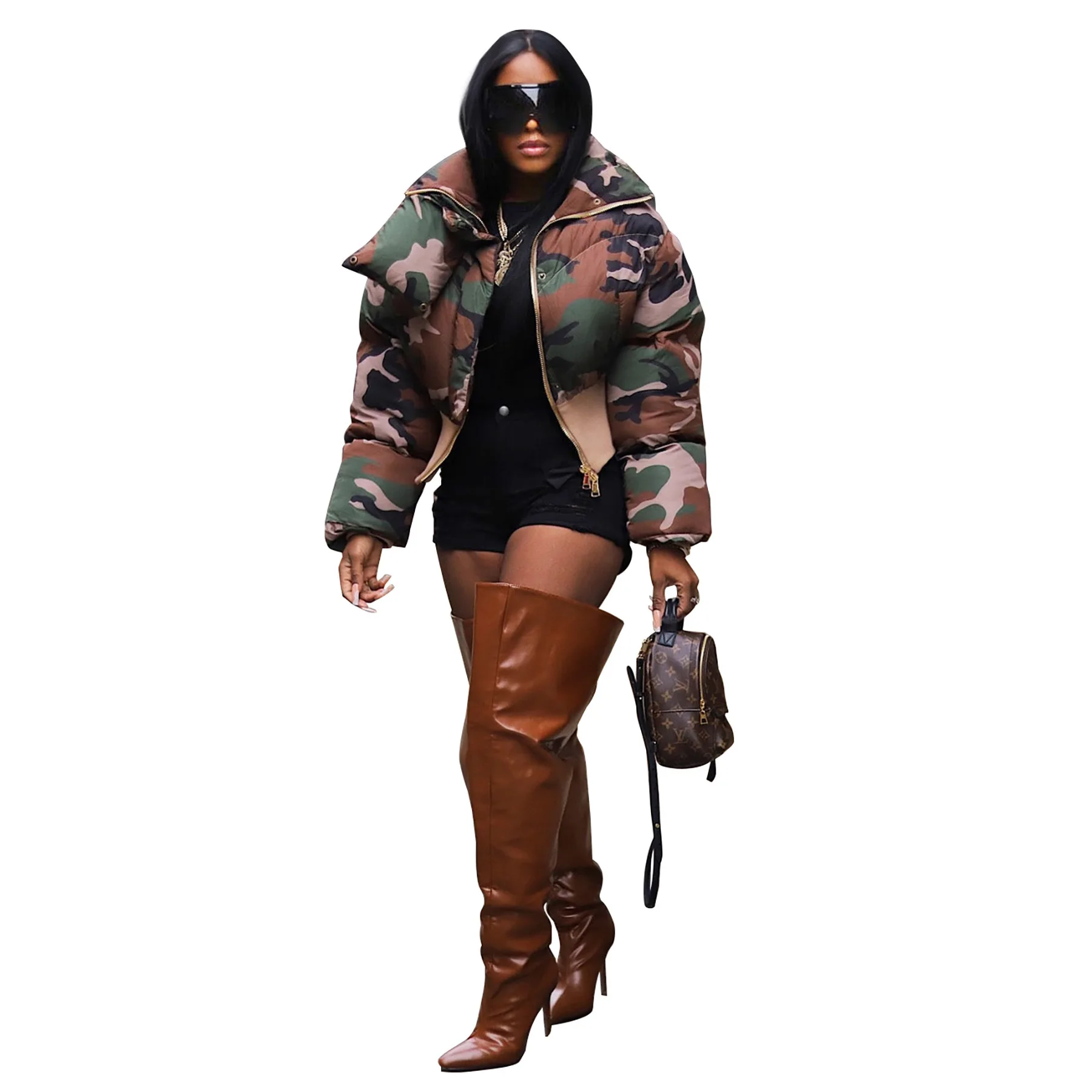 DEAT Fashion Women's Cotton-padded Coat Lapel Loose Zipper Camouflage Thick Warm Short Quilted Jacket Winter 2024 New 7AB6176