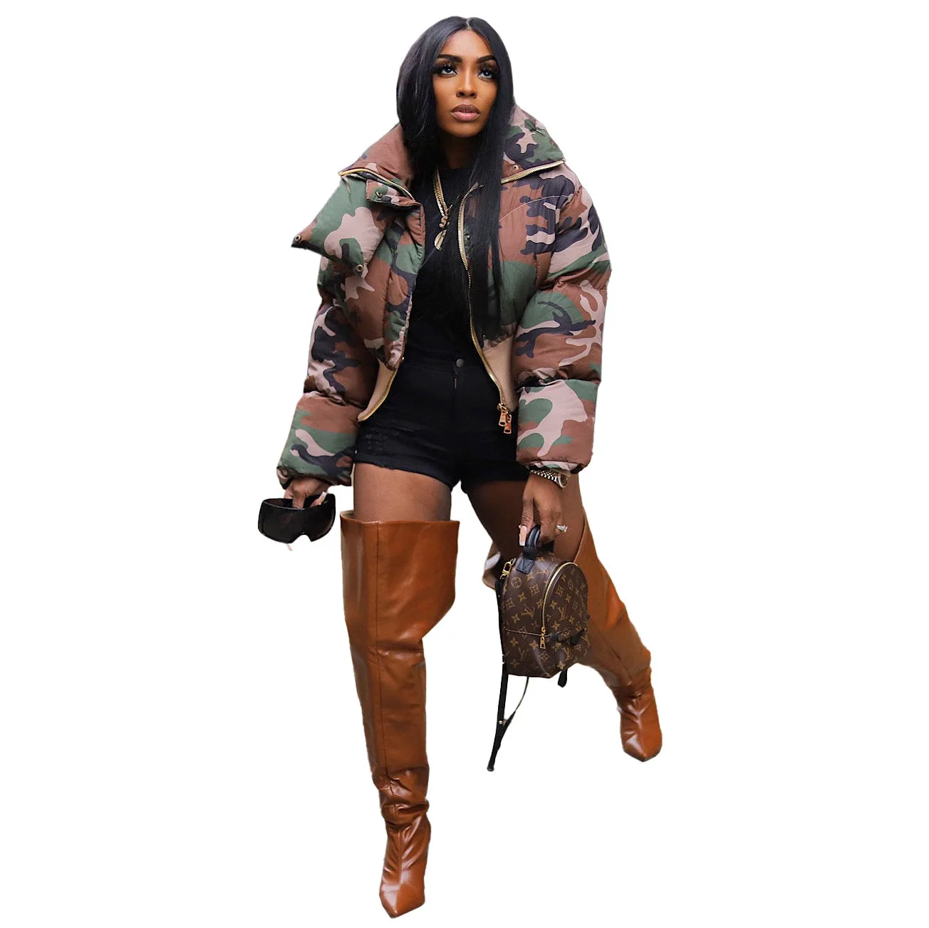 DEAT Fashion Women's Cotton-padded Coat Lapel Loose Zipper Camouflage Thick Warm Short Quilted Jacket Winter 2024 New 7AB6176