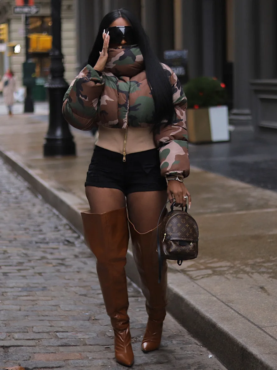DEAT Fashion Women's Cotton-padded Coat Lapel Loose Zipper Camouflage Thick Warm Short Quilted Jacket Winter 2024 New 7AB6176