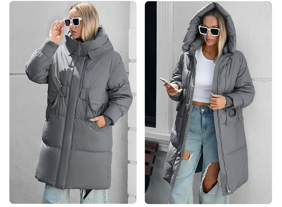 GASMAN 2024 Women down Jacket Long Classic zipper design Big Pocket Stand Collar Hooded Slim coat Women Parkas 88611
