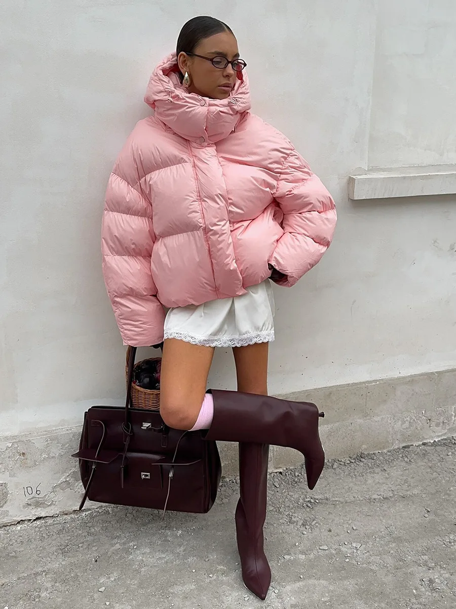 Bornladies Women's New Winter 2025 Pink Parkas Hooded Cotton Padded Jacket Thickened Bread Coat Warm Outerwear