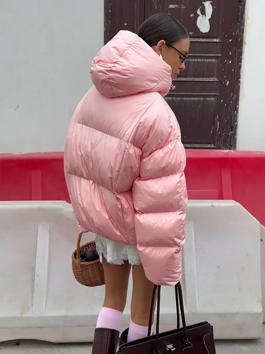 Bornladies Women's New Winter 2025 Pink Parkas Hooded Cotton Padded Jacket Thickened Bread Coat Warm Outerwear