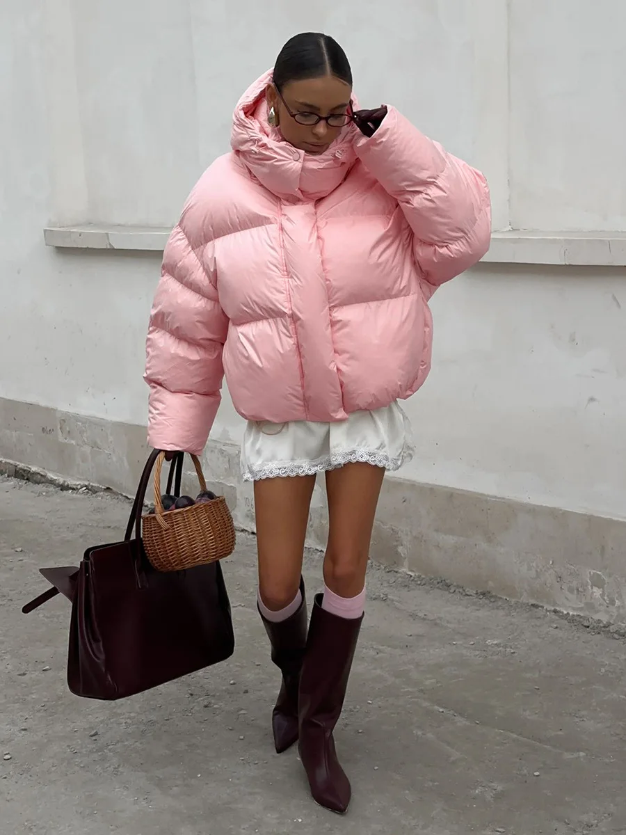 Bornladies Women's New Winter 2025 Pink Parkas Hooded Cotton Padded Jacket Thickened Bread Coat Warm Outerwear