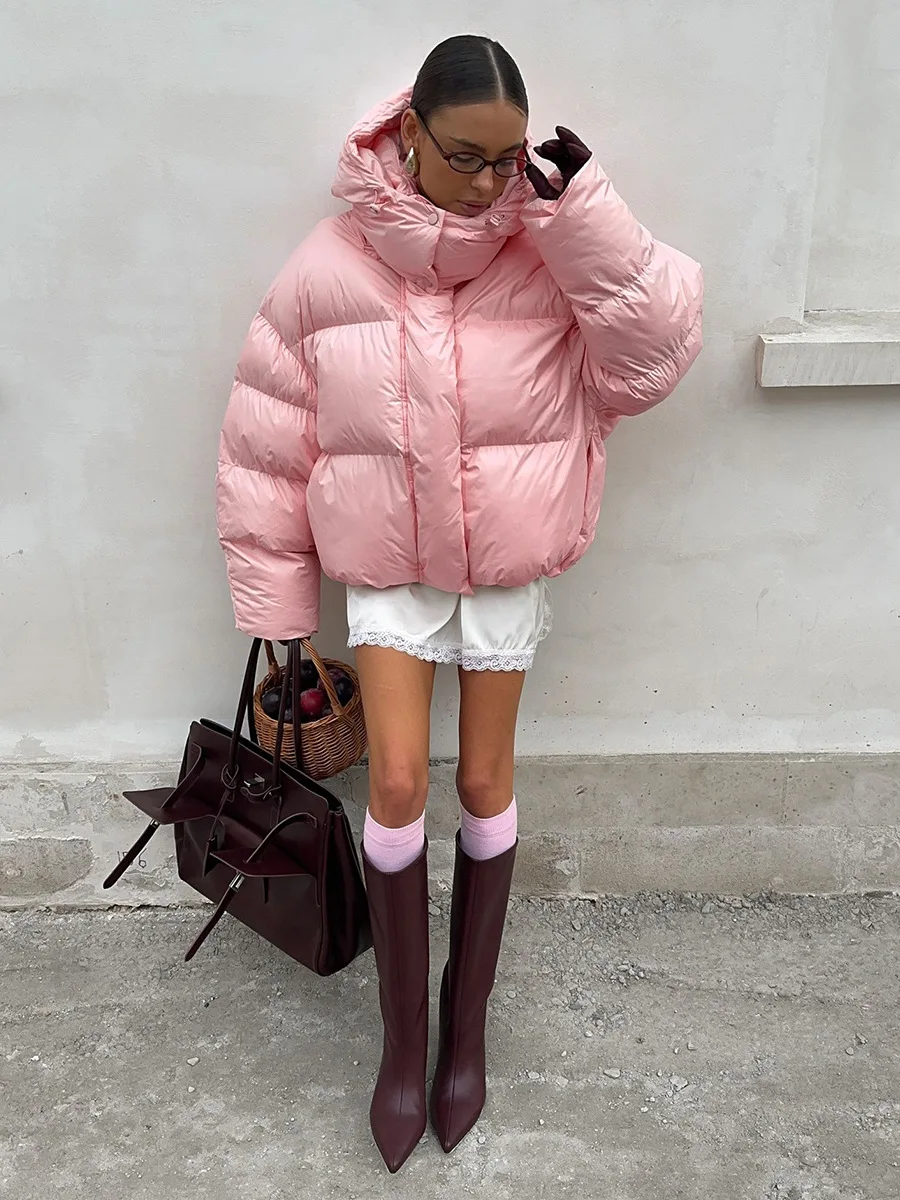 Bornladies Women's New Winter 2025 Pink Parkas Hooded Cotton Padded Jacket Thickened Bread Coat Warm Outerwear