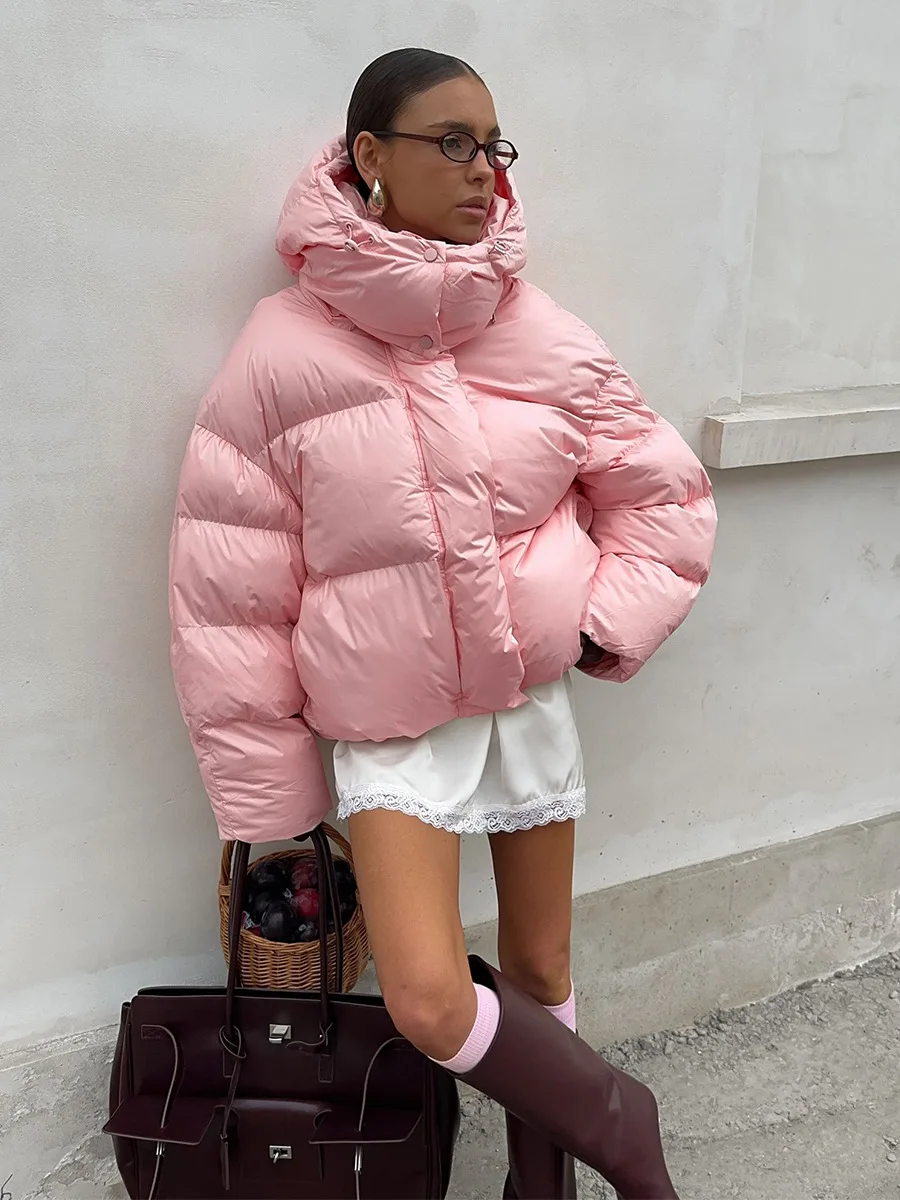 Bornladies Women's New Winter 2025 Pink Parkas Hooded Cotton Padded Jacket Thickened Bread Coat Warm Outerwear