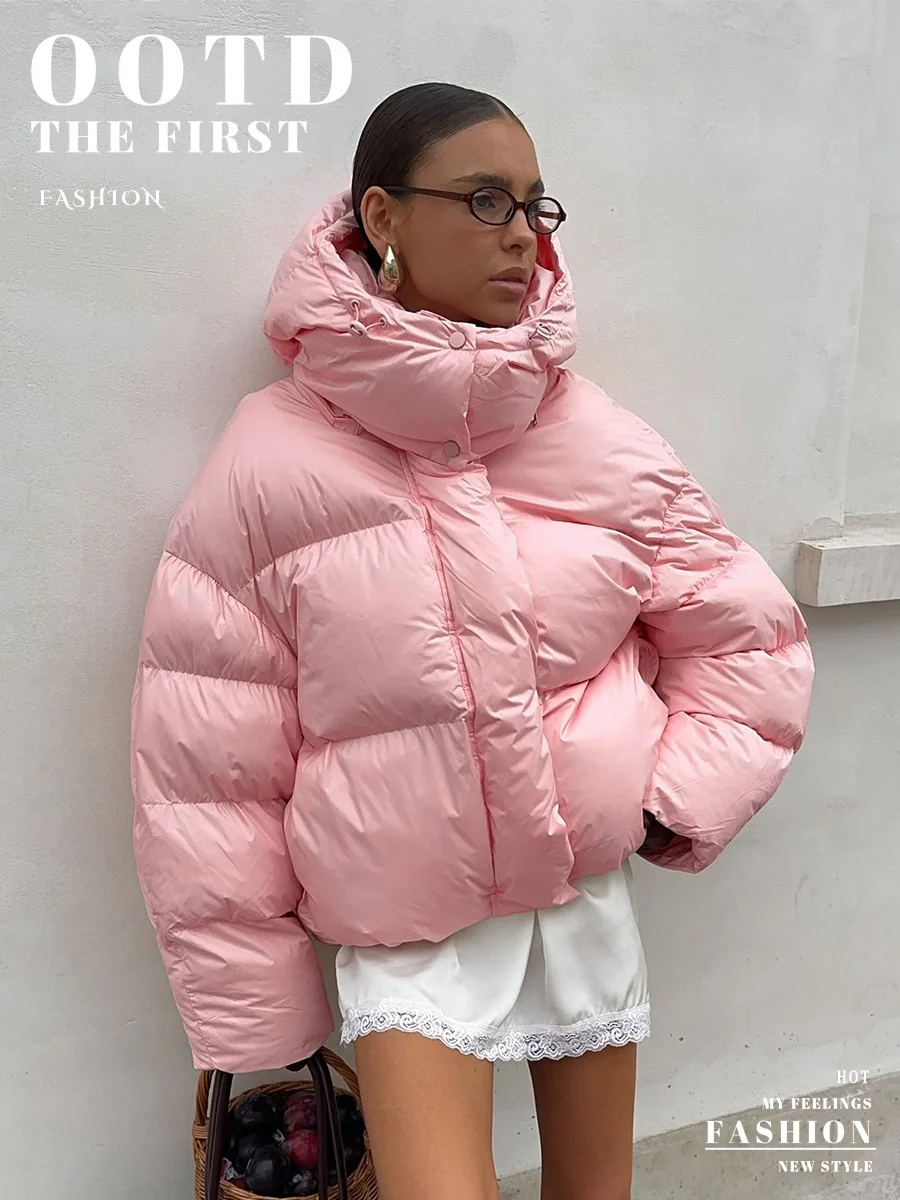 Bornladies Women's New Winter 2025 Pink Parkas Hooded Cotton Padded Jacket Thickened Bread Coat Warm Outerwear