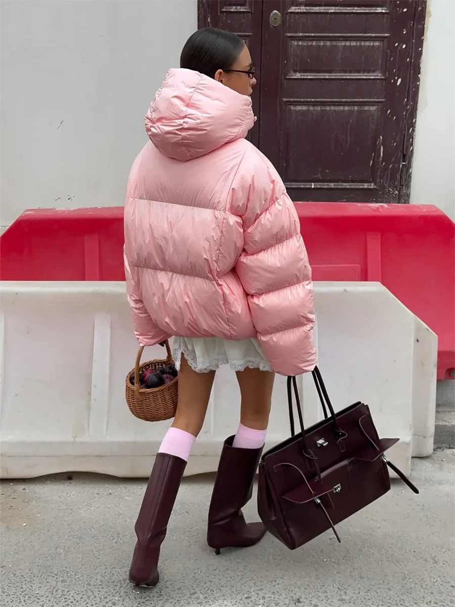 Bornladies Women's New Winter 2025 Pink Parkas Hooded Cotton Padded Jacket Thickened Bread Coat Warm Outerwear
