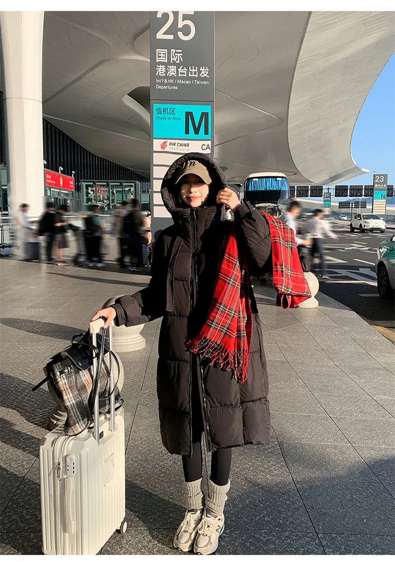 Korean Hooded Thicken Down Cotton Jacket Women Loose Mid-Length Bread Coat Winter New Over-Knee Warm Snow Outerwear