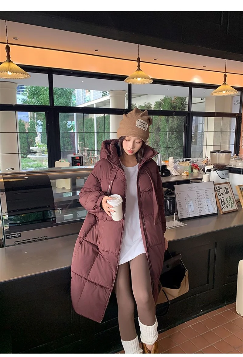 Korean Hooded Thicken Down Cotton Jacket Women Loose Mid-Length Bread Coat Winter New Over-Knee Warm Snow Outerwear