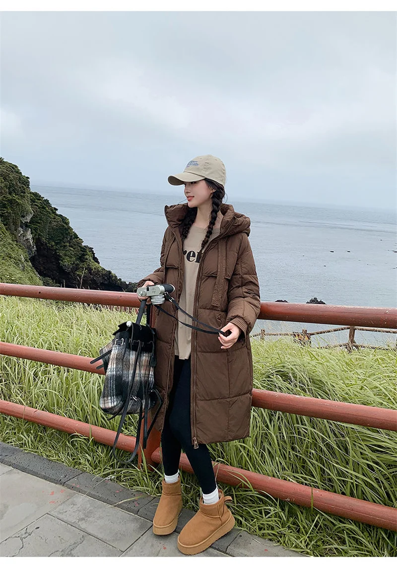 Korean Hooded Thicken Down Cotton Jacket Women Loose Mid-Length Bread Coat Winter New Over-Knee Warm Snow Outerwear
