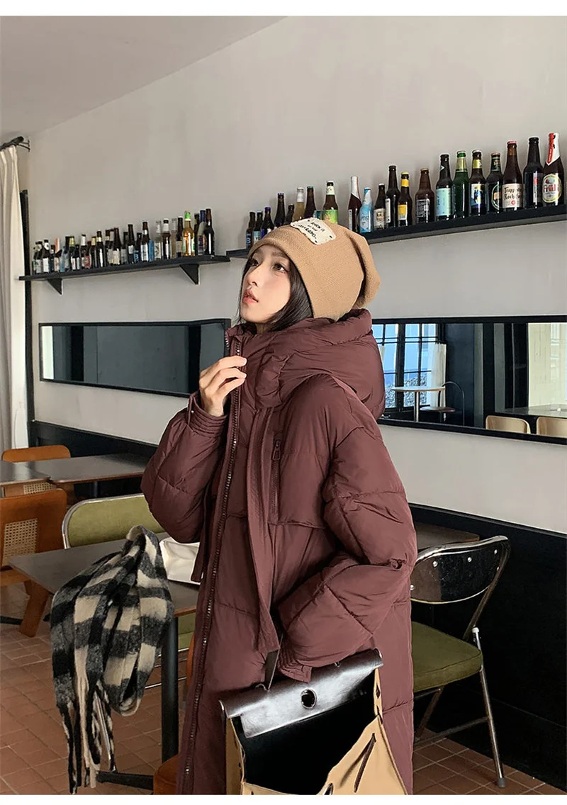 Korean Hooded Thicken Down Cotton Jacket Women Loose Mid-Length Bread Coat Winter New Over-Knee Warm Snow Outerwear