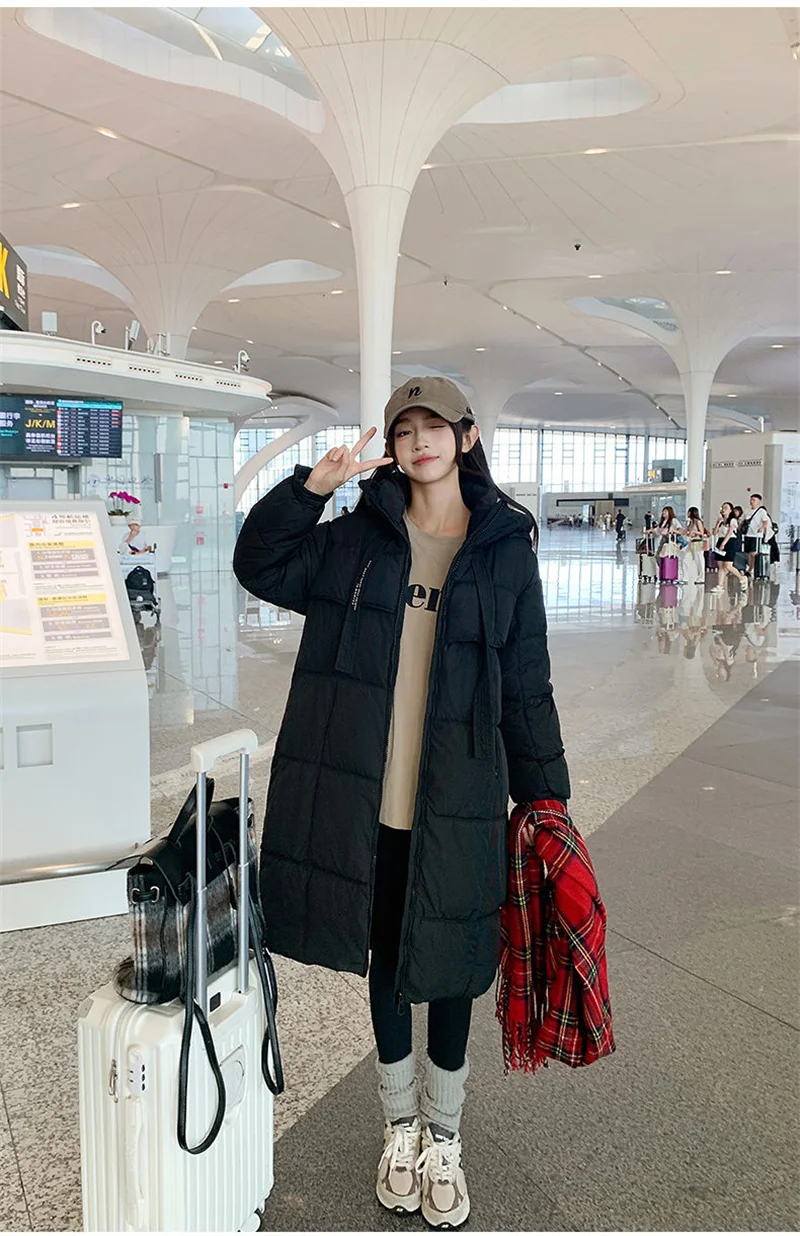 Korean Hooded Thicken Down Cotton Jacket Women Loose Mid-Length Bread Coat Winter New Over-Knee Warm Snow Outerwear