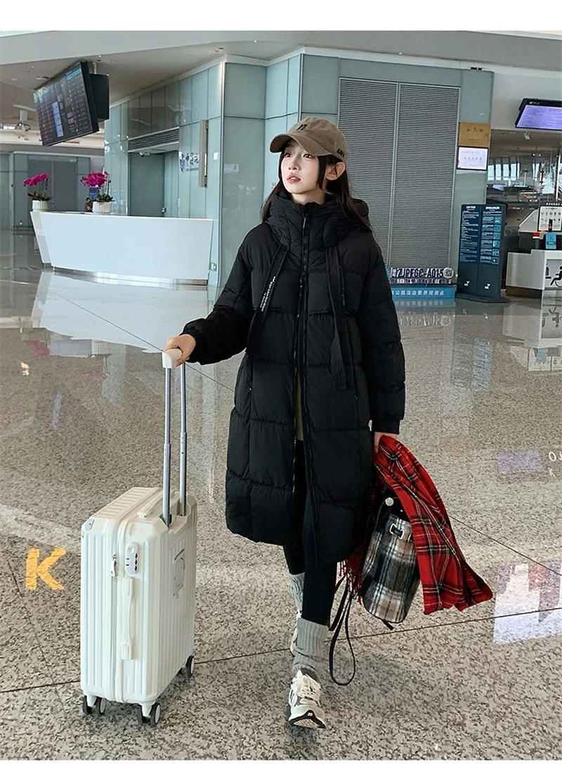 Korean Hooded Thicken Down Cotton Jacket Women Loose Mid-Length Bread Coat Winter New Over-Knee Warm Snow Outerwear