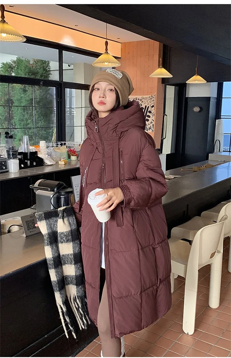 Korean Hooded Thicken Down Cotton Jacket Women Loose Mid-Length Bread Coat Winter New Over-Knee Warm Snow Outerwear