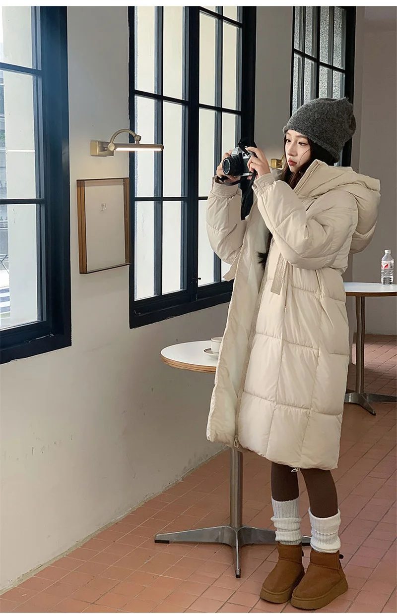 Korean Hooded Thicken Down Cotton Jacket Women Loose Mid-Length Bread Coat Winter New Over-Knee Warm Snow Outerwear