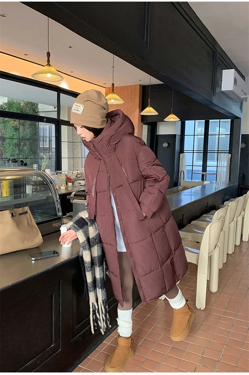 Korean Hooded Thicken Down Cotton Jacket Women Loose Mid-Length Bread Coat Winter New Over-Knee Warm Snow Outerwear