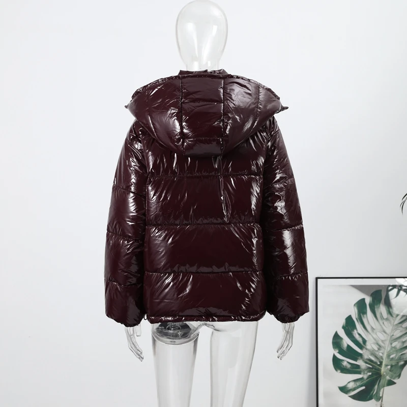 Women Glossy Surface Hooded Padded Jacket Fashion Faux Fur Zipper Cropped Jackets Lady New Winter Warm High Street Outwear 2025