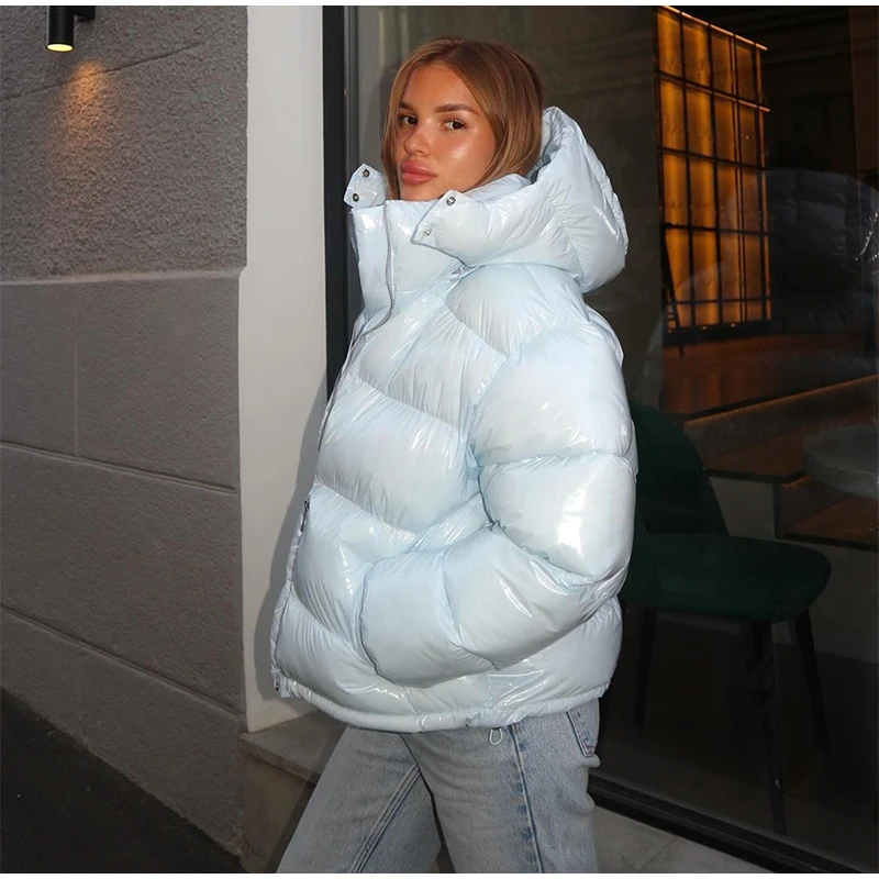 Women Glossy Surface Hooded Padded Jacket Fashion Faux Fur Zipper Cropped Jackets Lady New Winter Warm High Street Outwear 2025