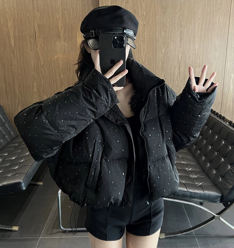 ZAROY Women Thick Warm Cotton Short Jacket Rhinestones Winter Stand Collar Down Coat Shiny Crystal Cropped Puffer Parka Пуховики