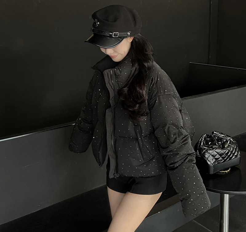 ZAROY Women Thick Warm Cotton Short Jacket Rhinestones Winter Stand Collar Down Coat Shiny Crystal Cropped Puffer Parka Пуховики