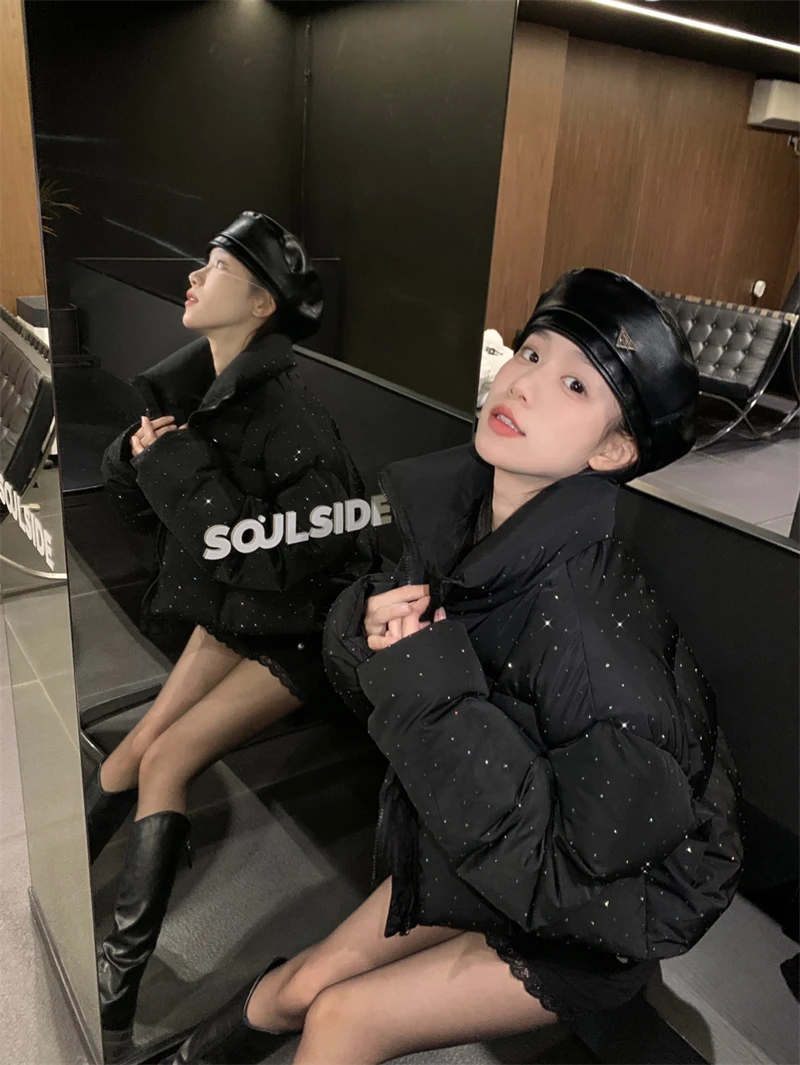ZAROY Women Thick Warm Cotton Short Jacket Rhinestones Winter Stand Collar Down Coat Shiny Crystal Cropped Puffer Parka Пуховики