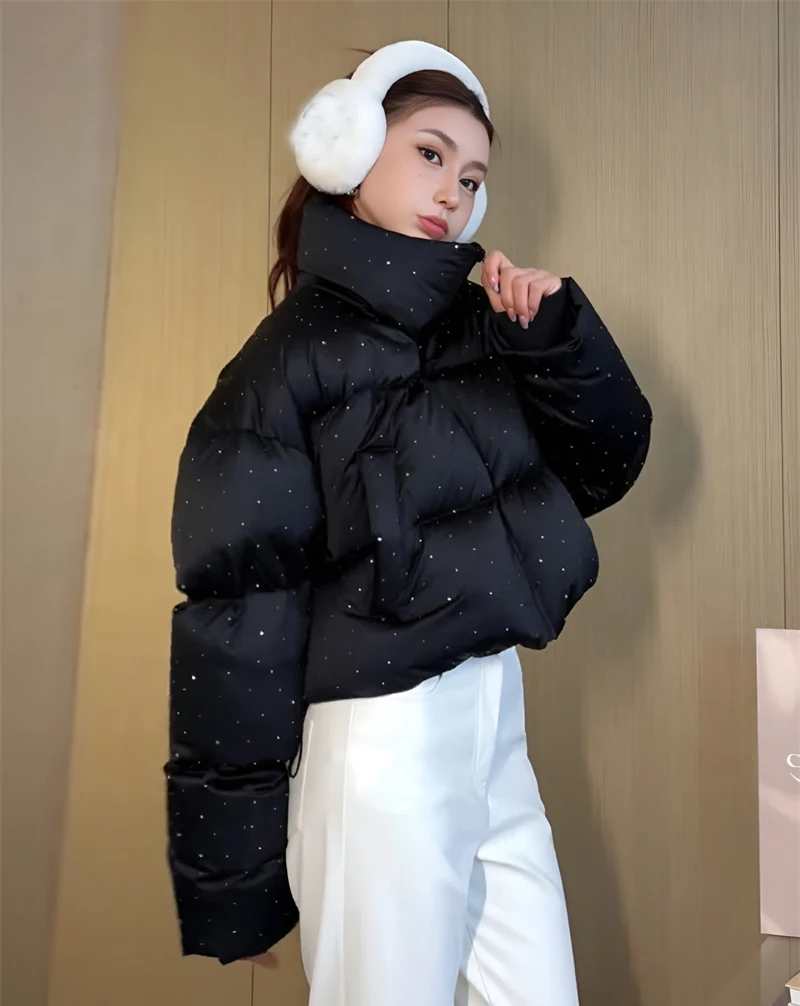 ZAROY Women Thick Warm Cotton Short Jacket Rhinestones Winter Stand Collar Down Coat Shiny Crystal Cropped Puffer Parka Пуховики