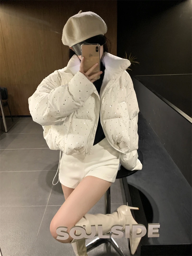 ZAROY Women Thick Warm Cotton Short Jacket Rhinestones Winter Stand Collar Down Coat Shiny Crystal Cropped Puffer Parka Пуховики