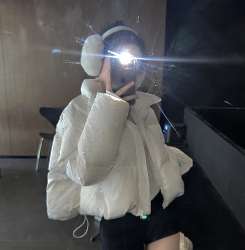 ZAROY Women Thick Warm Cotton Short Jacket Rhinestones Winter Stand Collar Down Coat Shiny Crystal Cropped Puffer Parka Пуховики