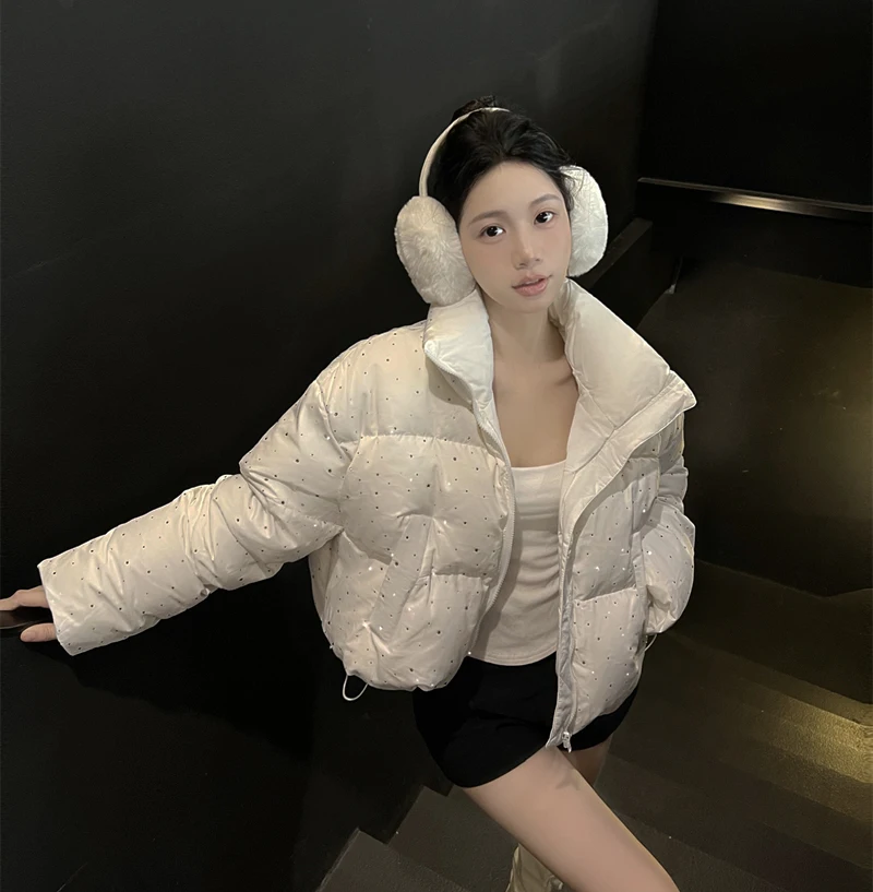ZAROY Women Thick Warm Cotton Short Jacket Rhinestones Winter Stand Collar Down Coat Shiny Crystal Cropped Puffer Parka Пуховики