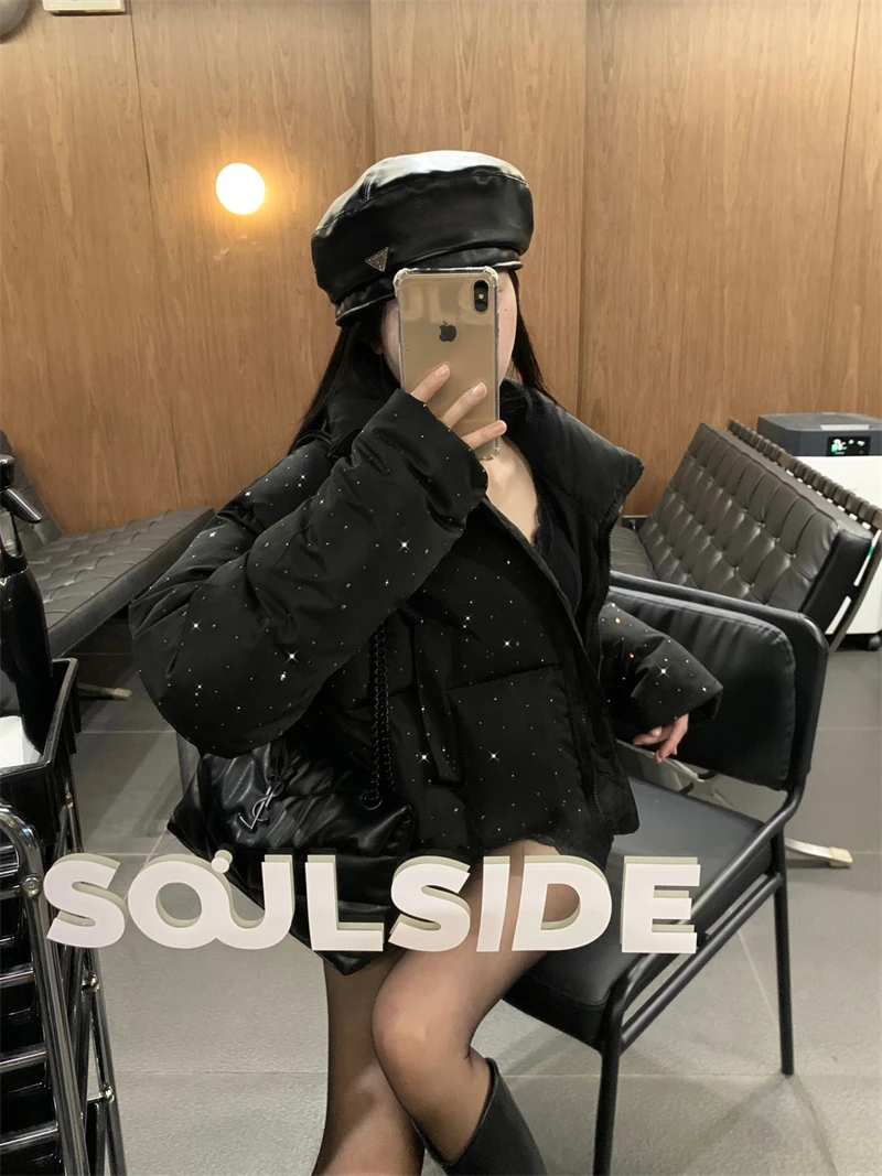 ZAROY Women Thick Warm Cotton Short Jacket Rhinestones Winter Stand Collar Down Coat Shiny Crystal Cropped Puffer Parka Пуховики