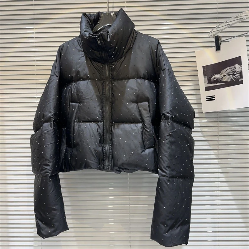 ZAROY Women Thick Warm Cotton Short Jacket Rhinestones Winter Stand Collar Down Coat Shiny Crystal Cropped Puffer Parka Пуховики