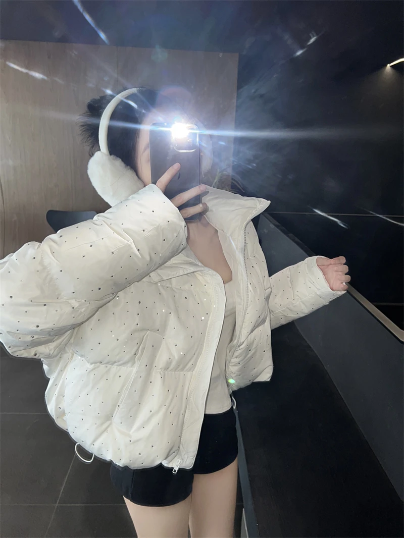 ZAROY Women Thick Warm Cotton Short Jacket Rhinestones Winter Stand Collar Down Coat Shiny Crystal Cropped Puffer Parka Пуховики