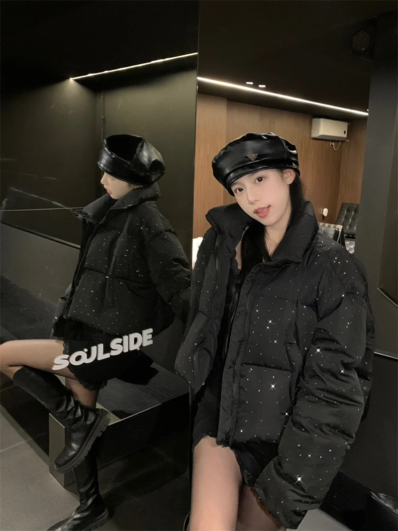 ZAROY Women Thick Warm Cotton Short Jacket Rhinestones Winter Stand Collar Down Coat Shiny Crystal Cropped Puffer Parka Пуховики