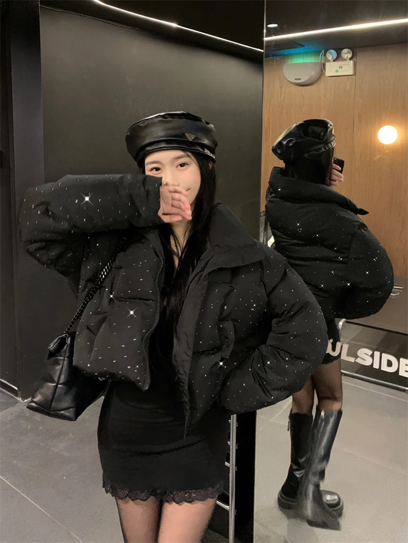 ZAROY Women Thick Warm Cotton Short Jacket Rhinestones Winter Stand Collar Down Coat Shiny Crystal Cropped Puffer Parka Пуховики