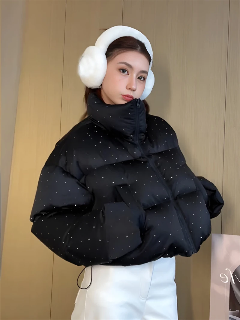 ZAROY Women Thick Warm Cotton Short Jacket Rhinestones Winter Stand Collar Down Coat Shiny Crystal Cropped Puffer Parka Пуховики