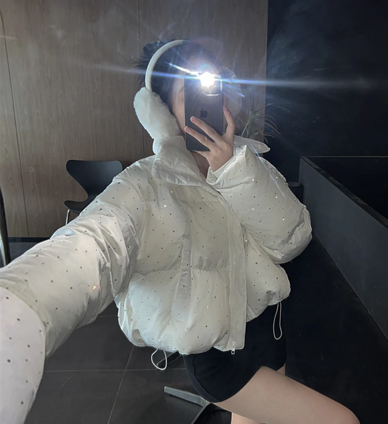 ZAROY Women Thick Warm Cotton Short Jacket Rhinestones Winter Stand Collar Down Coat Shiny Crystal Cropped Puffer Parka Пуховики
