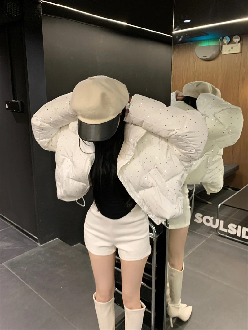 ZAROY Women Thick Warm Cotton Short Jacket Rhinestones Winter Stand Collar Down Coat Shiny Crystal Cropped Puffer Parka Пуховики