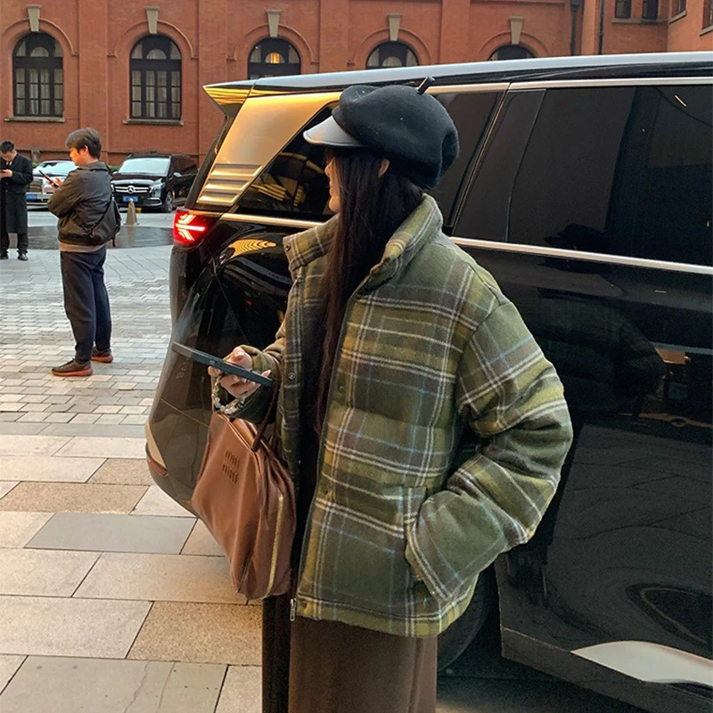 Plaid Print Cotton-Padded Jacket Women Winter Thicken Warm Puffy Bread Clothing Korean Retro Student Down Cotton Parkas Street