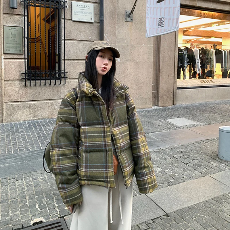 Plaid Print Cotton-Padded Jacket Women Winter Thicken Warm Puffy Bread Clothing Korean Retro Student Down Cotton Parkas Street