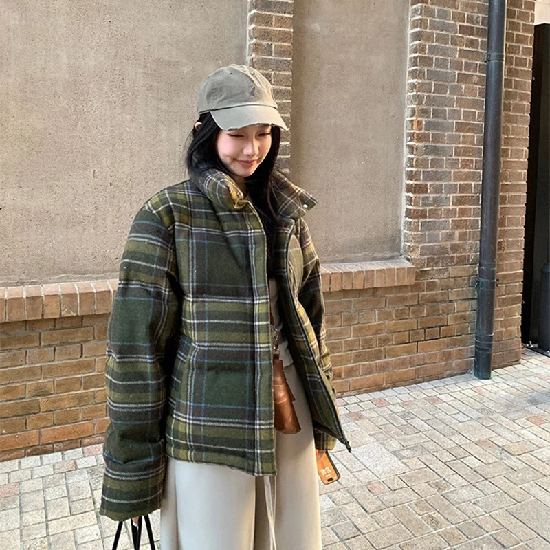 Plaid Print Cotton-Padded Jacket Women Winter Thicken Warm Puffy Bread Clothing Korean Retro Student Down Cotton Parkas Street