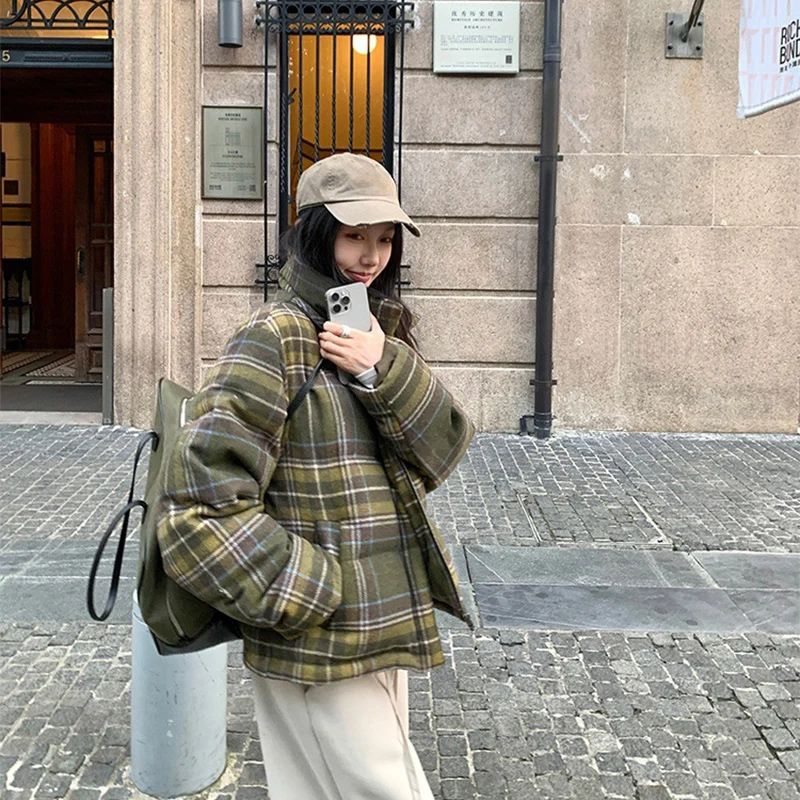 Plaid Print Cotton-Padded Jacket Women Winter Thicken Warm Puffy Bread Clothing Korean Retro Student Down Cotton Parkas Street