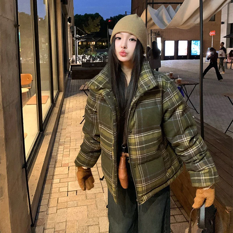 Plaid Print Cotton-Padded Jacket Women Winter Thicken Warm Puffy Bread Clothing Korean Retro Student Down Cotton Parkas Street