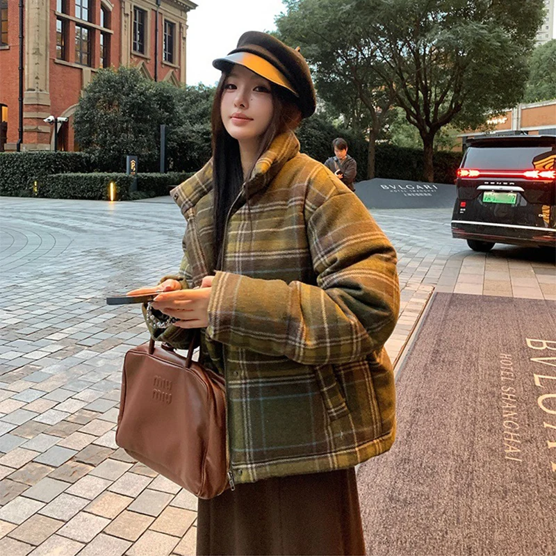 Plaid Print Cotton-Padded Jacket Women Winter Thicken Warm Puffy Bread Clothing Korean Retro Student Down Cotton Parkas Street