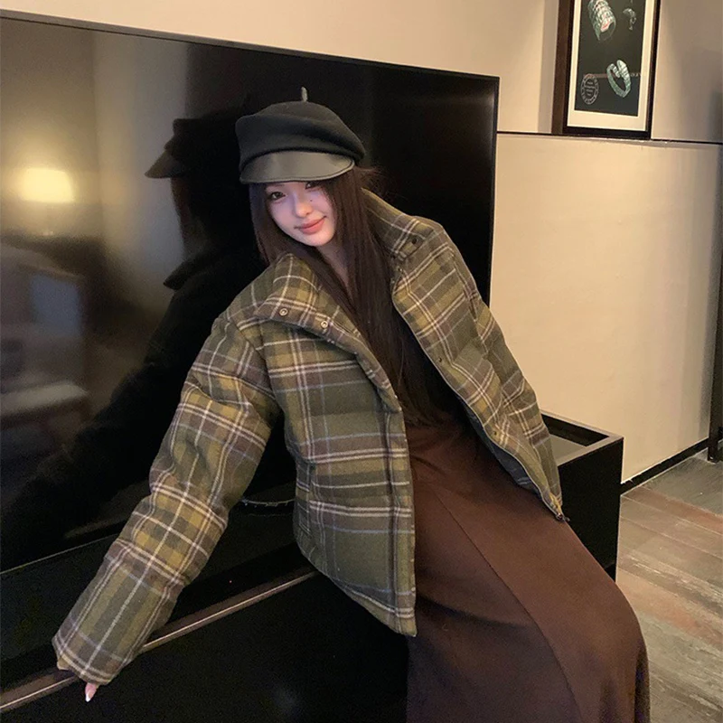 Plaid Print Cotton-Padded Jacket Women Winter Thicken Warm Puffy Bread Clothing Korean Retro Student Down Cotton Parkas Street