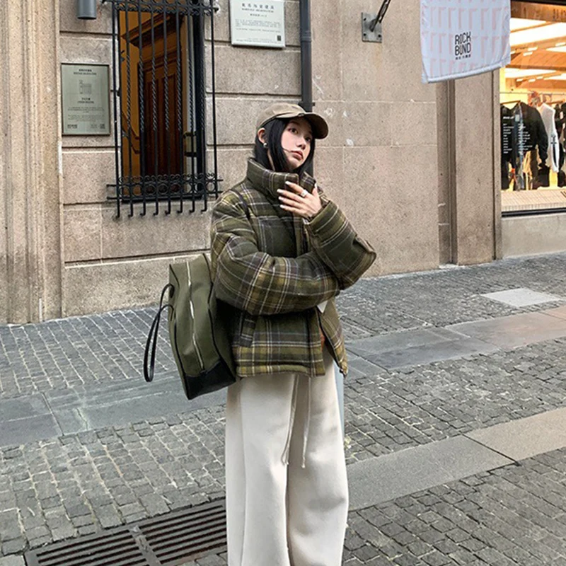 Plaid Print Cotton-Padded Jacket Women Winter Thicken Warm Puffy Bread Clothing Korean Retro Student Down Cotton Parkas Street