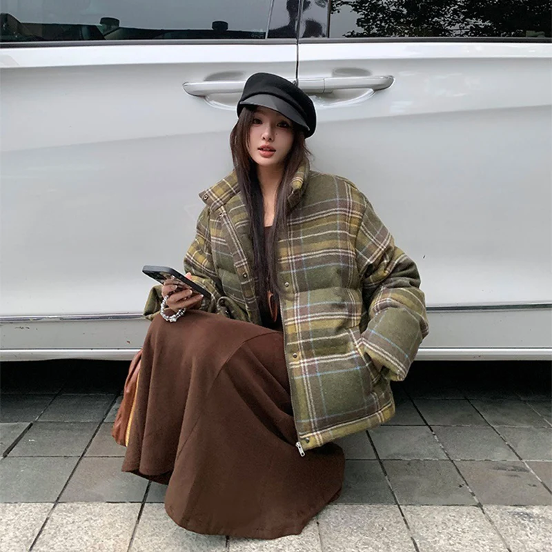 Plaid Print Cotton-Padded Jacket Women Winter Thicken Warm Puffy Bread Clothing Korean Retro Student Down Cotton Parkas Street