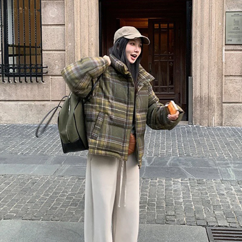Plaid Print Cotton-Padded Jacket Women Winter Thicken Warm Puffy Bread Clothing Korean Retro Student Down Cotton Parkas Street