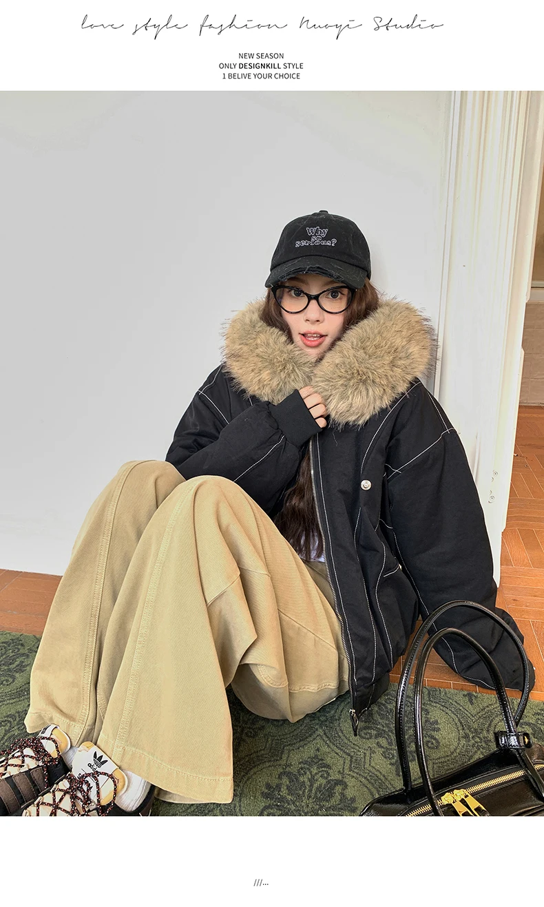 Autumn Winte Cotton Padded Short Parkas Women Thick Warm Fur Collar Hooded Vintage Jacket Outerwear Female Oversize Casual Coat