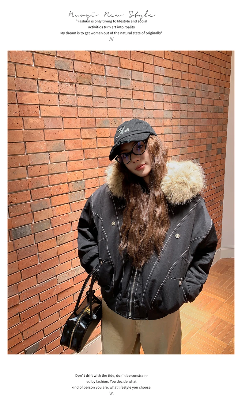 Autumn Winte Cotton Padded Short Parkas Women Thick Warm Fur Collar Hooded Vintage Jacket Outerwear Female Oversize Casual Coat