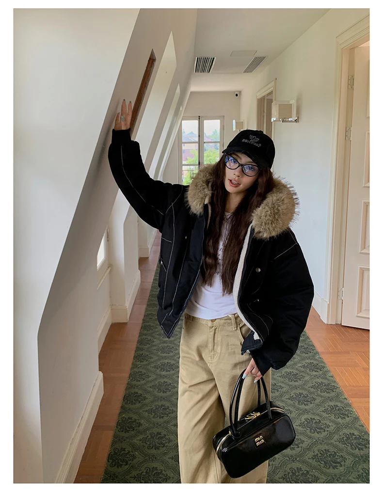 Autumn Winte Cotton Padded Short Parkas Women Thick Warm Fur Collar Hooded Vintage Jacket Outerwear Female Oversize Casual Coat